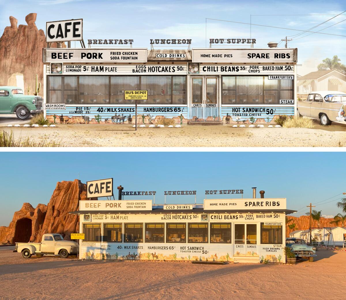 Top: A drawing of how the luncheonette was intended to look. Bottom: A set photo shows how close the production designer got