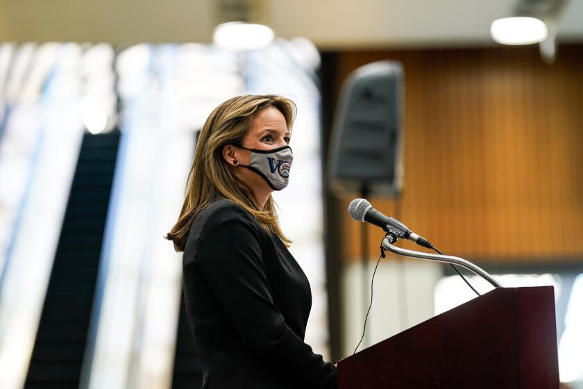 DETROIT, MI - NOVEMBER 02: Secretary of State Jocelyn Benson speaks during a press conference at Callidac Place on Monday, Nov. 2, 2020 in Detroit, MI. With only a day remaining before the U.S. election and an unprecedented early voting turnout, President Donald Trump and Democratic nominee former Vice-President Joe Biden are campaigning in crucial swing states. (Kent Nishimura / Los Angeles Times)