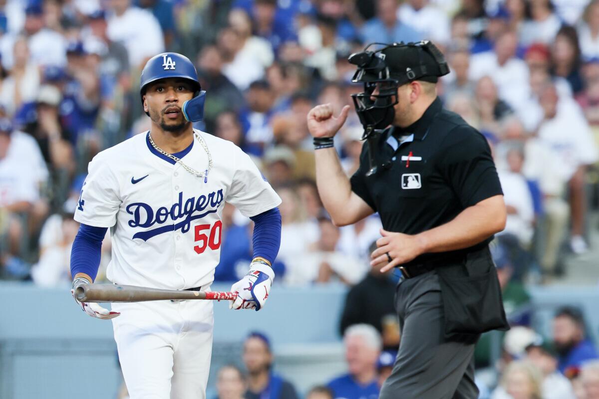 LOS ANGELES, CALIFORNIA - OCTOBER 06: Mookie Betts #50 of the Los Angeles Dodgers.