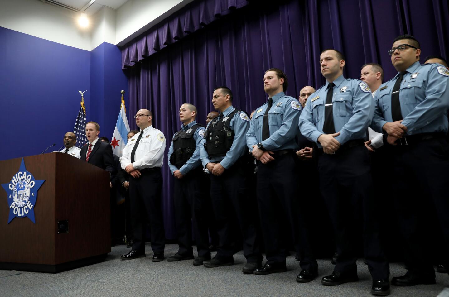 Chicago Police Department Superintendent Eddie Johnson stands with 10th District officers as he talks with reporters about charging the first of several juvenile offenders from the March 19 criminal sexual assault incident broadcast on Facebook Live, during a press conference Sunday April 2, 2017 at the City of Chicago Public Safety Headquarters.