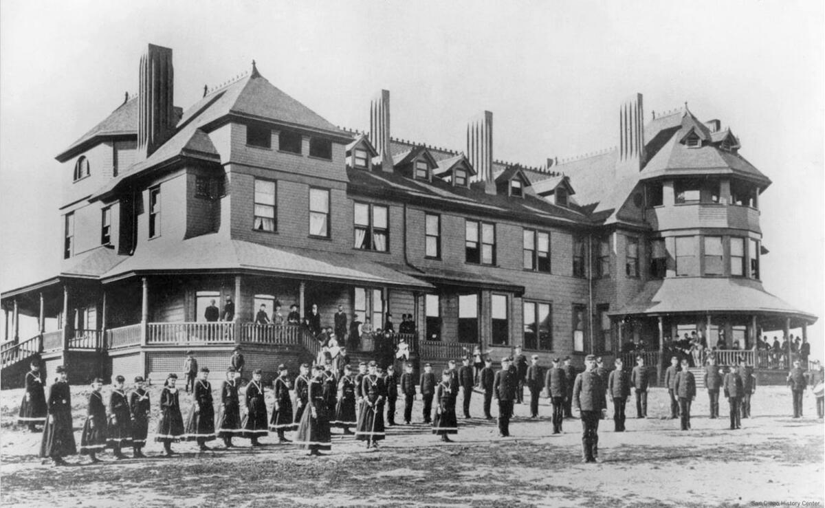 The San Diego College of Arts and Letters building stood at the northwest corner of Garnet Avenue and Lamont Street.