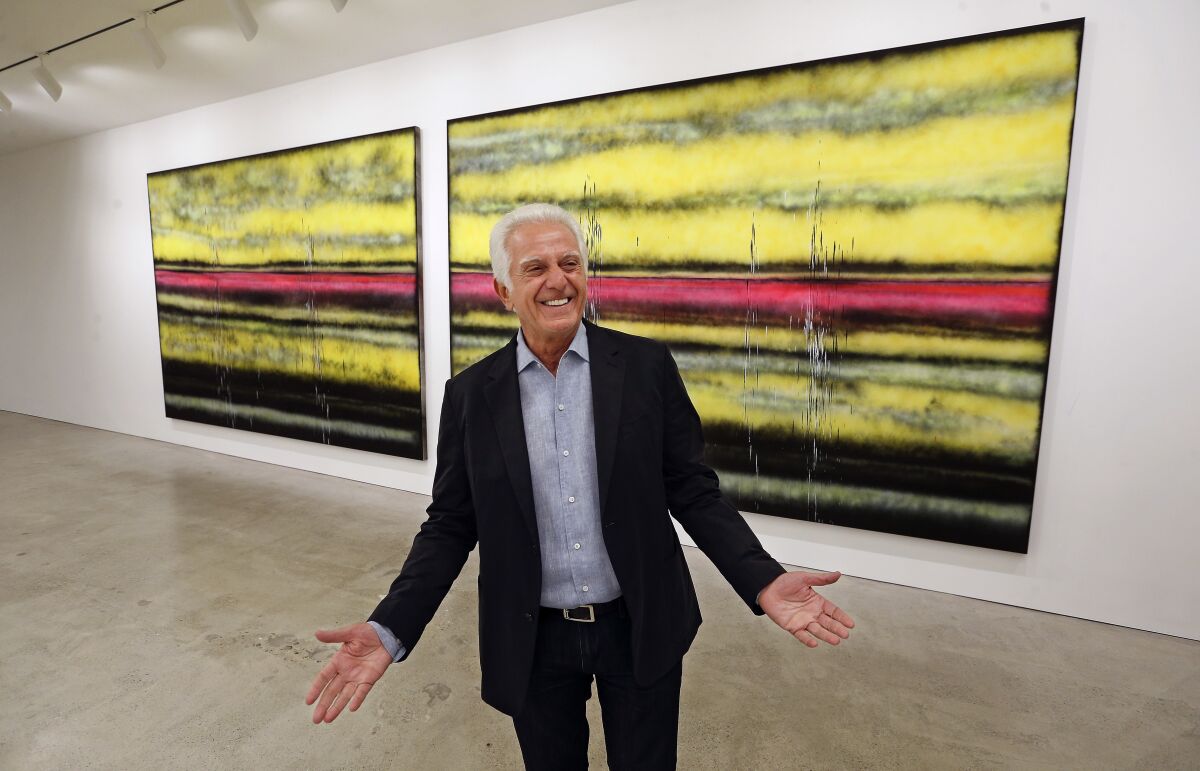 Maurice Marciano, photographed in front of Sterling Ruby's "SP308" during the 2017 installation of the Marciano Art Foundation, which he founded with his brother Paul Marciano.