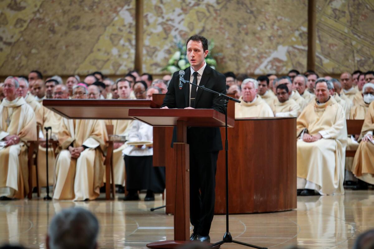 David O'Connell, nephew of the bishop, speaks during the funeral Mass.