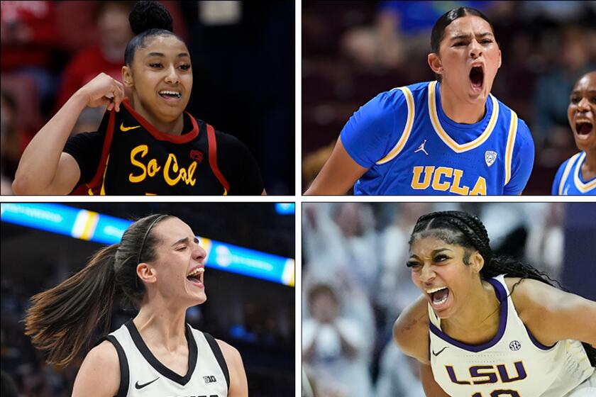 College basketball players JuJu Watkins, Lauren Betts, Caitlin Clark and Angel Reese