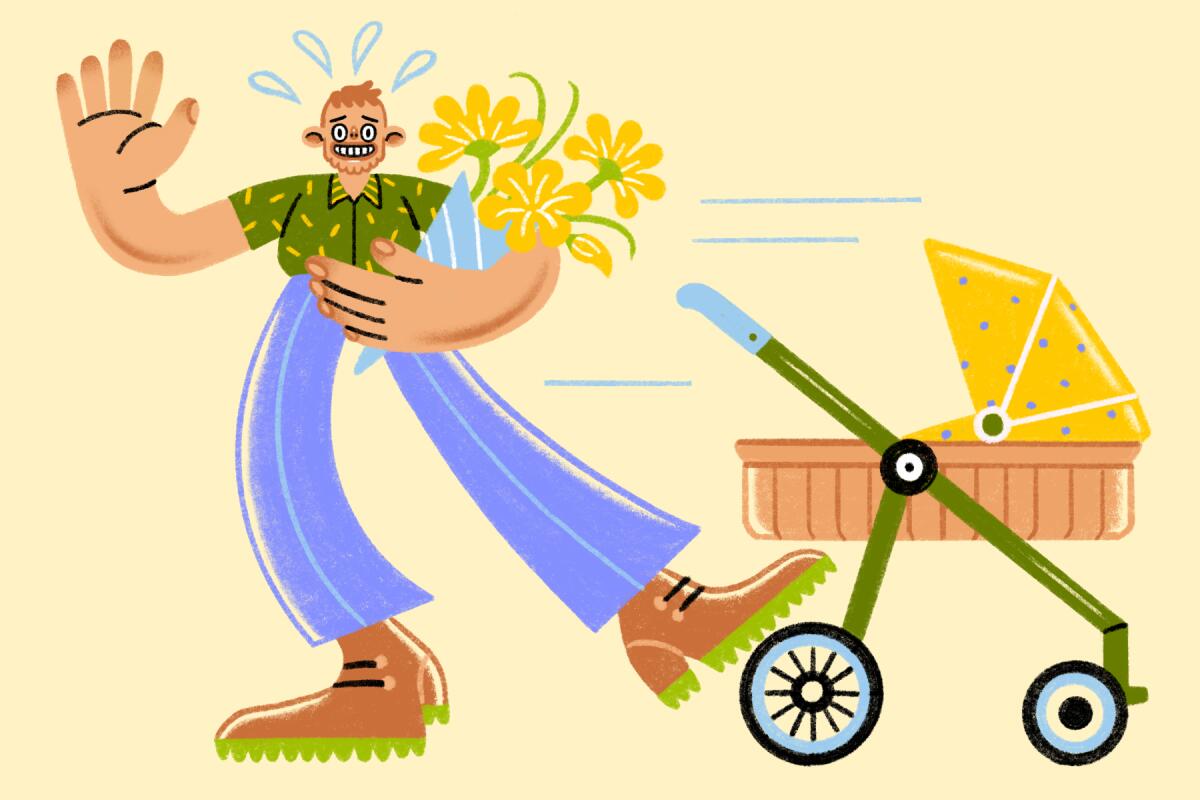 A nervous man holding flowers pushes a carriage out of the picture.