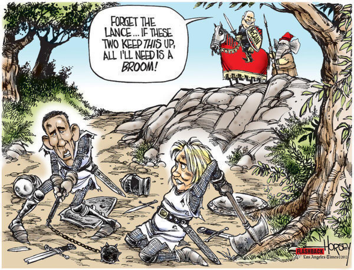 A Horsey cartoon from spring 2008 illustrates how John McCain hoped his election prospects would be helped by the lengthy fight between the Democratic candidates.