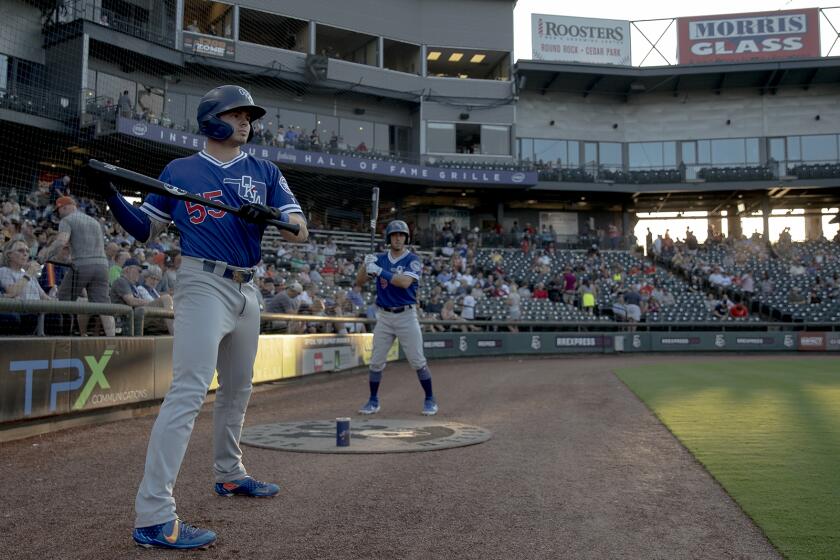 Oklahoma City shortstop Gavin Lux (55) readies to leadoff a Class AAA Pacific Coast League baseball game against Round Rock on Friday, Aug. 16, 2019, in Round Rock, Texas. (Nick Wagner/For the Times)