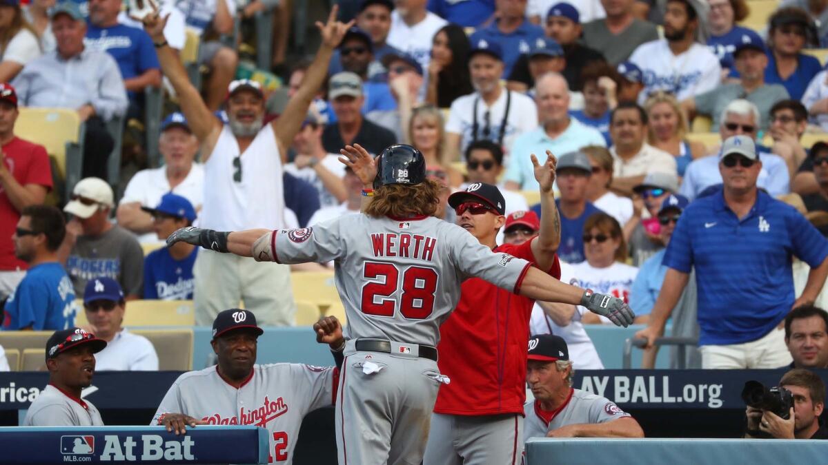 Nationals left fielder Jayson Werth celebrates after rounding the bases on a ninth-inning homer against Dodgers closer Kenley Jansen.