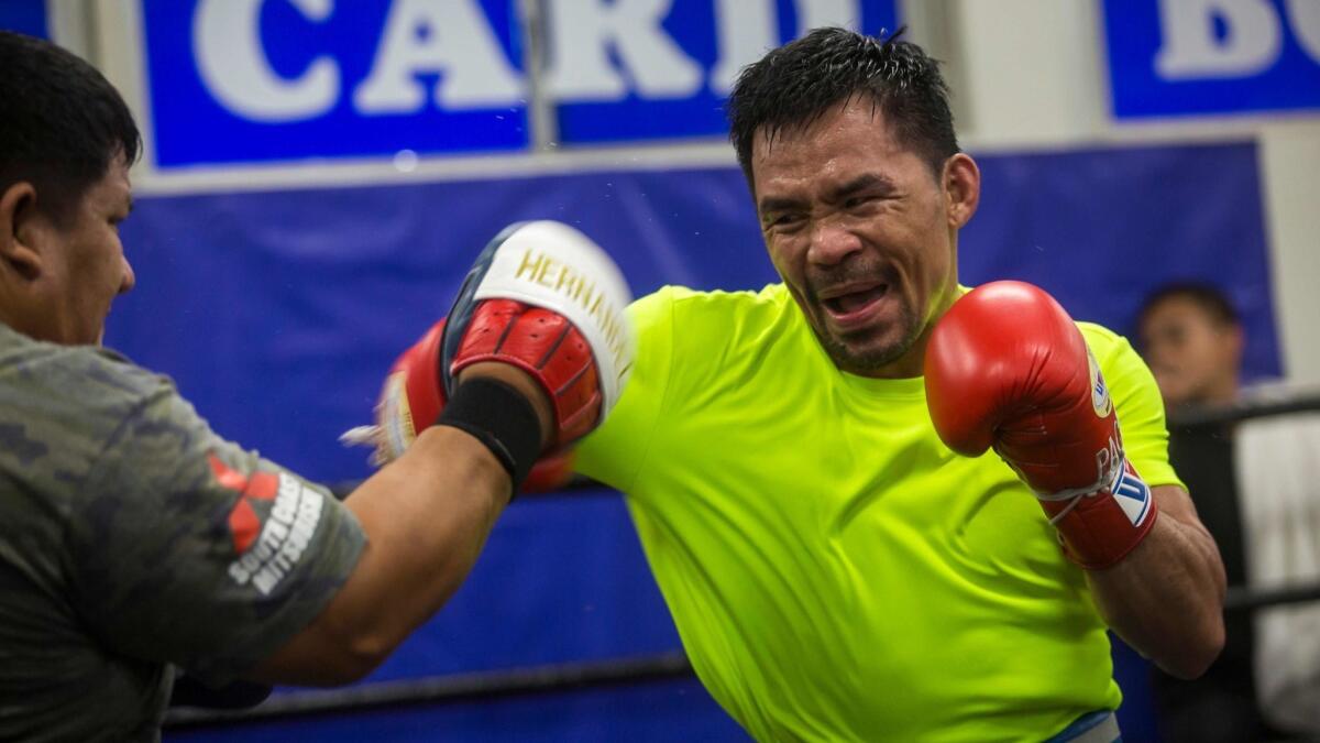 Manny Pacquiao takes part in a training session at Wild Card Boxing in L.A. on June 20. Pacquiao is set to face undefeated Keith Thurman on July 20.