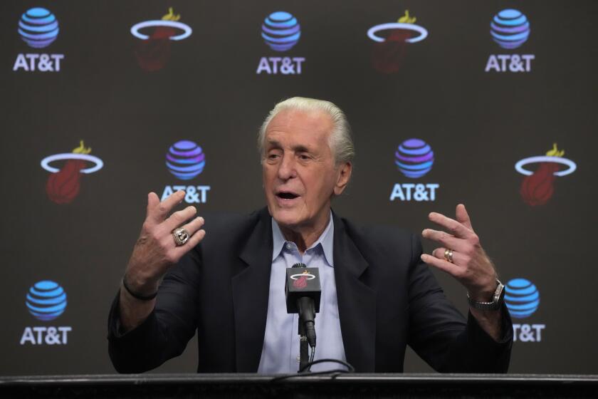 FILE - Miami Heat president Pat Riley gestures as he speaks during an end of season NBA basketball news conference in Miami, Tuesday, June 20, 2023. Riley laid out the plan for the team's offseason on Monday, May 6, 2024, after a disappointing first-round exit to Boston and an injury-plagued regular season. (AP Photo/Wilfredo Lee, File)