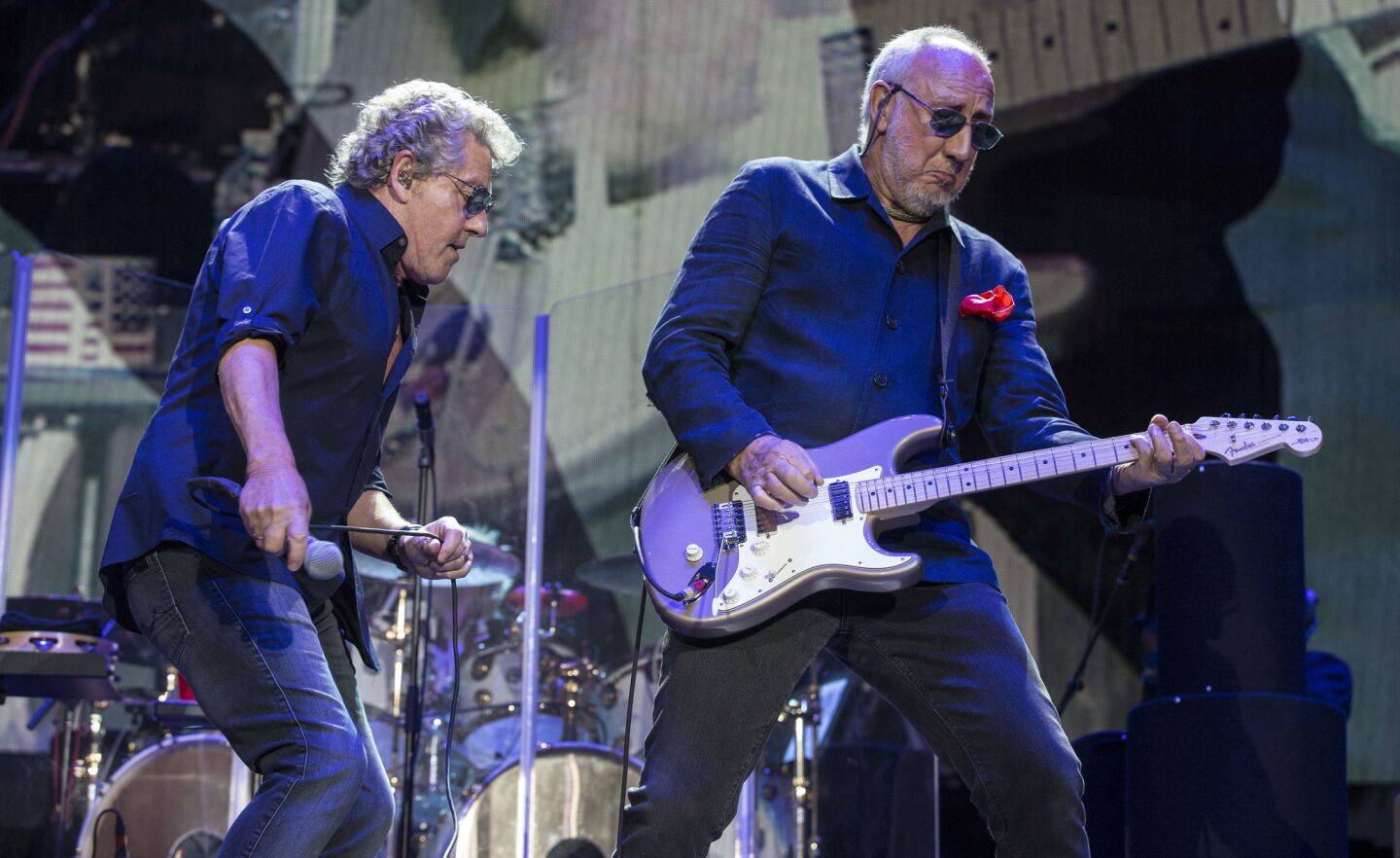 The Who's Roger Daltrey, left, and Pete Townshend, right, on stage at Desert Trip.