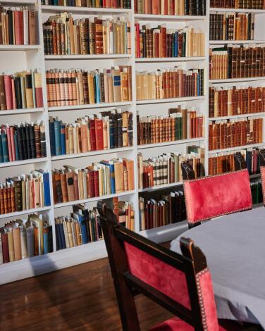 Shelves filled with books at Villa Aurora in Pacific Palisades.