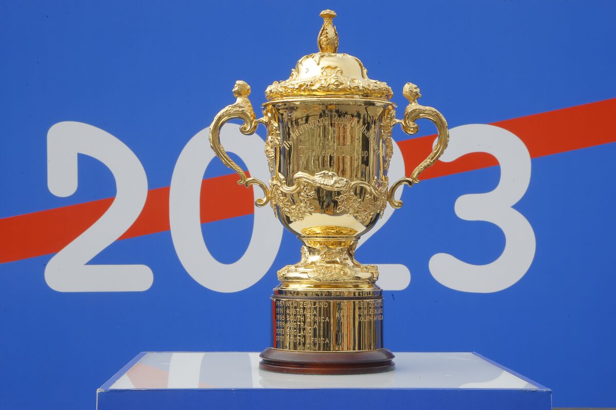 FILE - In this Sept. 8, 2020 file photo, the Webb Ellis Cup is displayed during a presentation in Paris. The 2023 Rugby World Cup will take place in France from sept.8 2023 to oct. 21 2023. (AP Photo/Michel Euler, File)