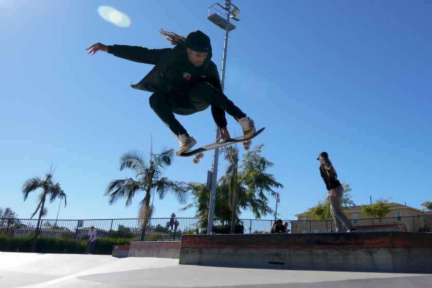 SAN DIEGO, CA - DECEMBER 15: At the Linda Vista Skate Park on Tuesday, Dec. 15, 2020 in San Diego, CA. Brandon Taylor warms up doing a few skate tricks. San Diego native Brandon Turner was a professional skater in his early teens, but he became an addict and went to prison for drug-related crimes. Now sober, Brandon is rebuilding his life and and career and is working with the San Diego rehabilitation center Healthy Life Recovery to offer skating lessons to its patients in recovery to encourage them to embrace an active lifestyle to stay healthy and focused in their recovery journey. (Nelvin C. Cepeda / The San Diego Union-Tribune)