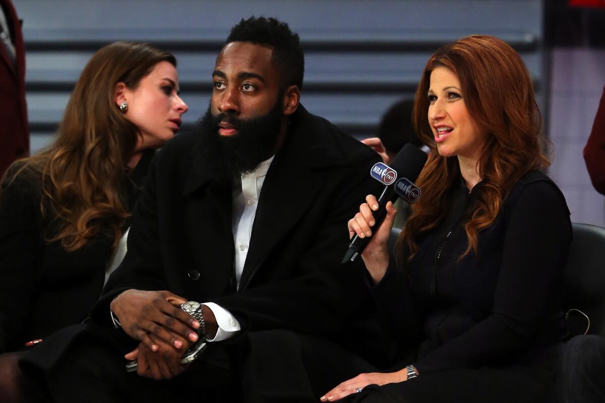 Rachel Nichols interviews Rockets All-Star guard James Harden during NBA All-Star weekend on Feb. 13.
