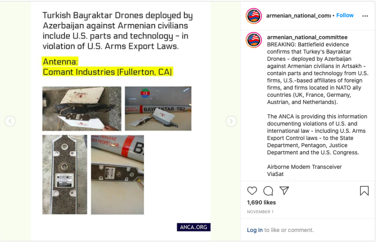 A social media post by the Armenian National Committee of America showing an antenna made by Comant Industries.