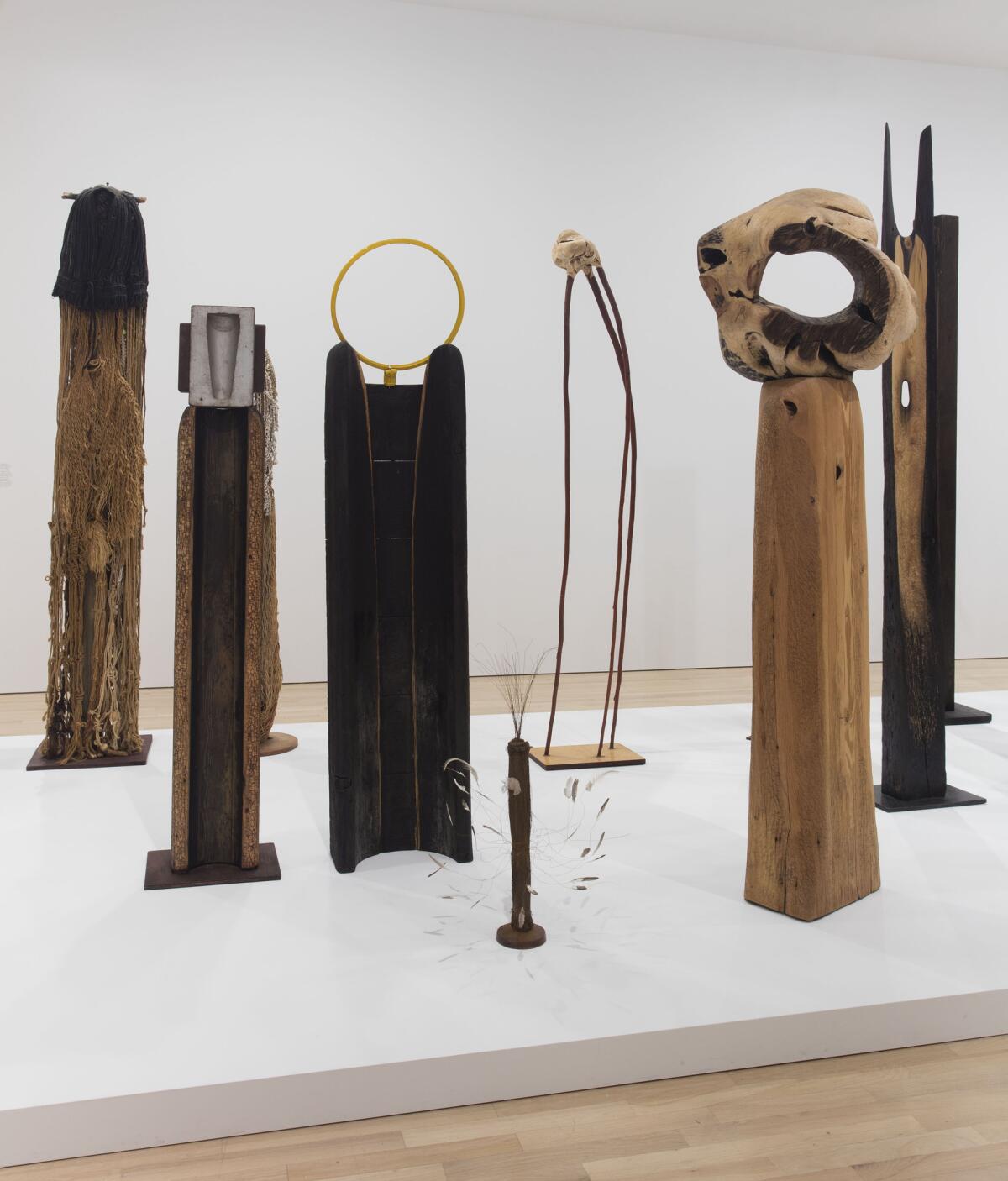 Kenzi Shiokava, installation view of mixed-media totem sculptures (Hammer Museum)