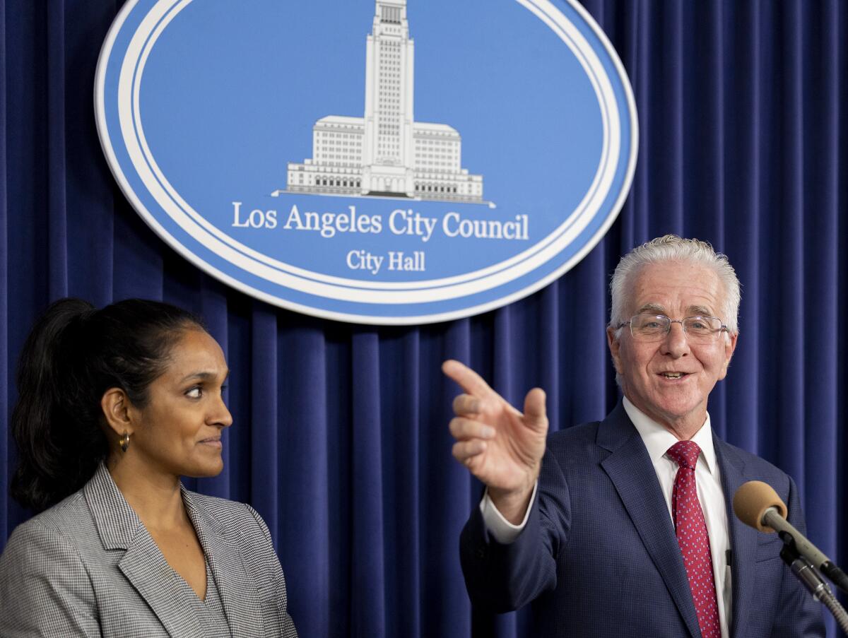 Los Angeles City Council President Paul Krekorian, right, and Councilmember Nithya Raman at a news conference Wednesday.