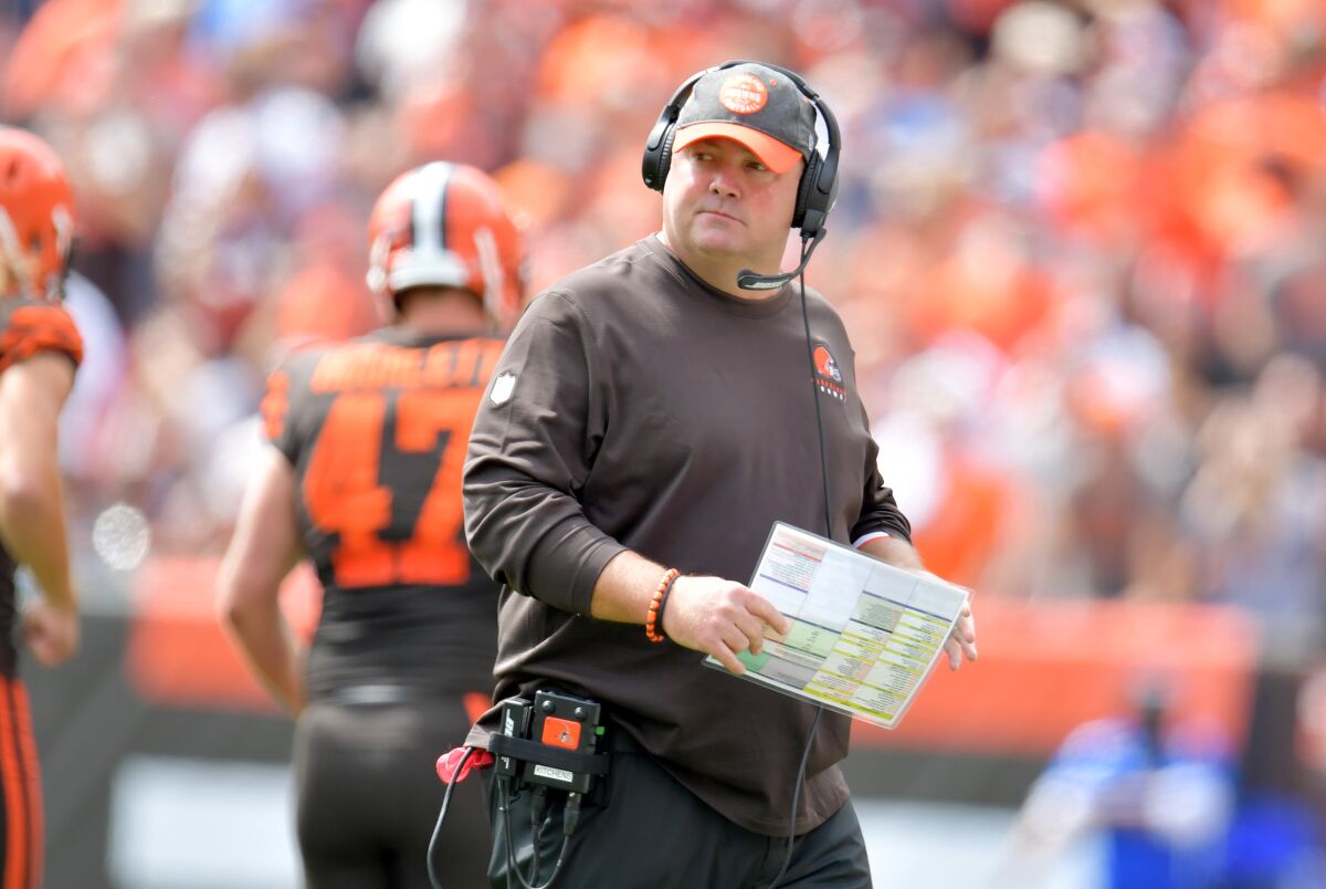 Cleveland Browns coach Freddie Kitchens watches from the sideline during a season-opening loss to the Tennessee Titans on Sept. 8.