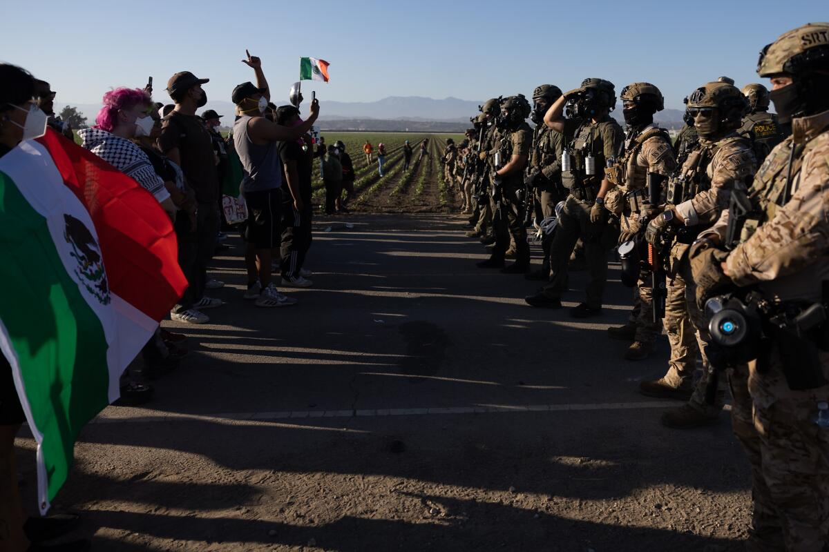 Protestors confront federal agents who form a line