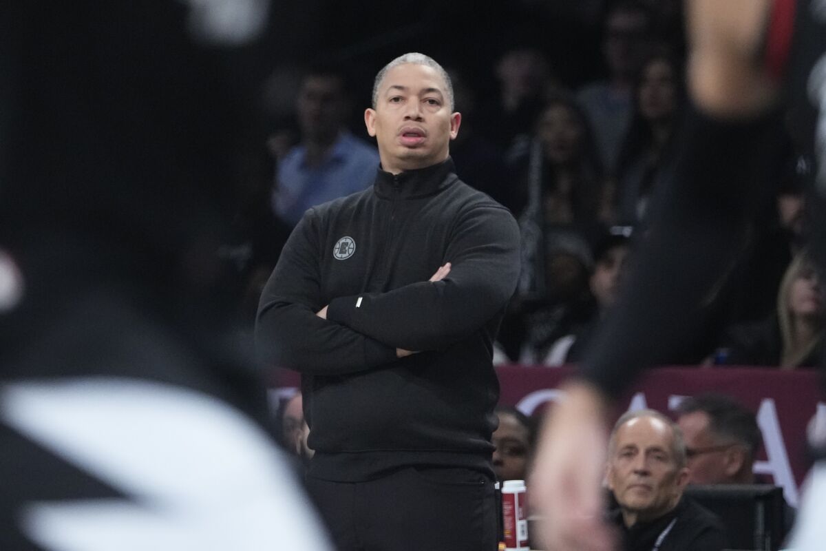 Clippers coach Tyronn Lue watches during a game against the Brooklyn Nets on Feb. 6.
