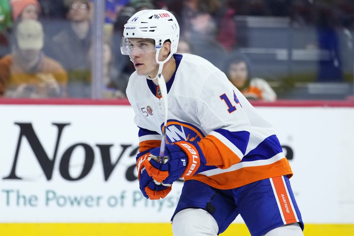 New York Islanders' Bo Horvat plays during the third period of an NHL hockey game against the Philadelphia Flyers, Monday, Feb. 6, 2023, in Philadelphia. (AP Photo/Matt Slocum)