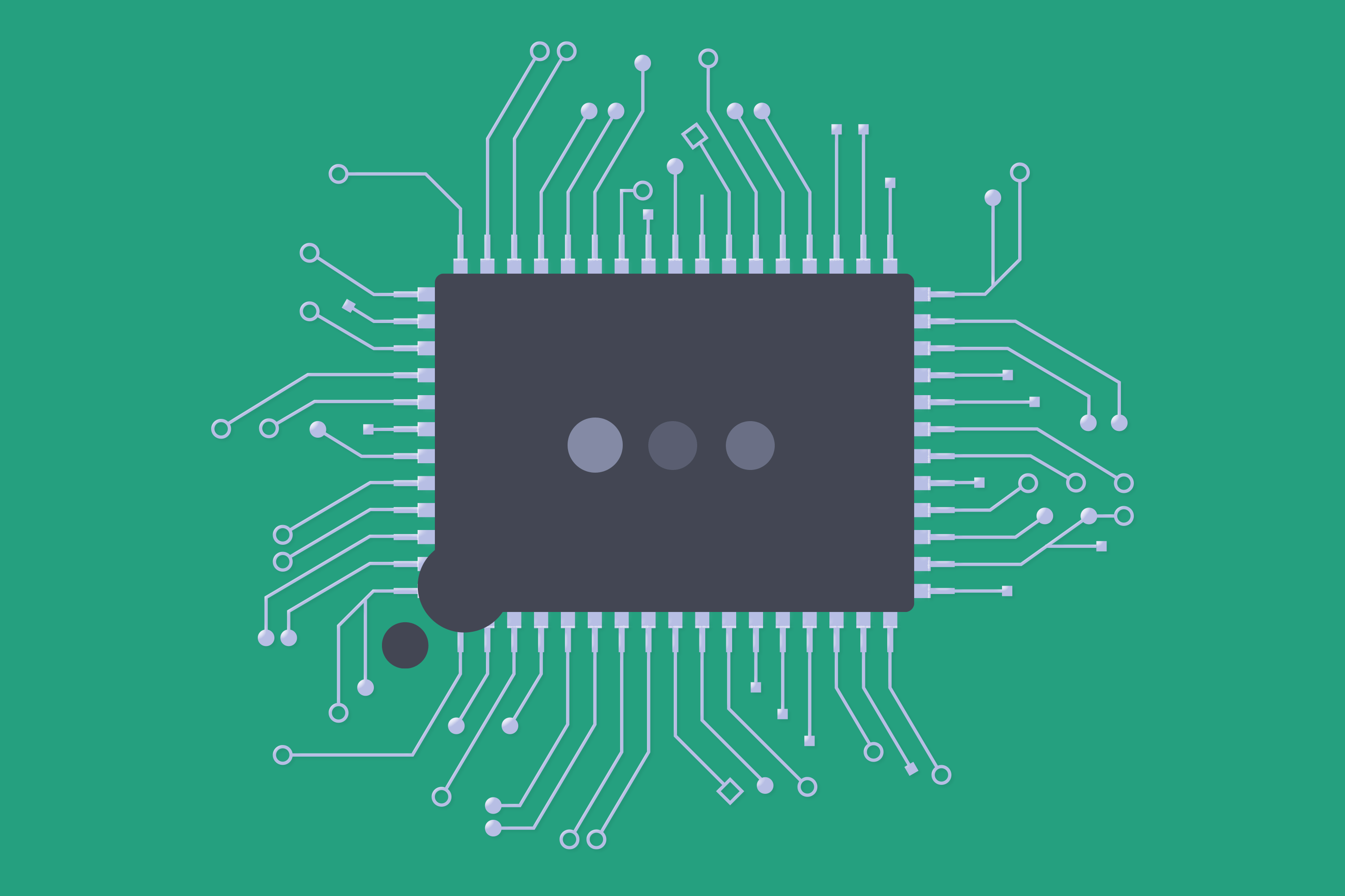 Illustration of a computer chip shaped like a text message with three animated dots showing the chip is typing