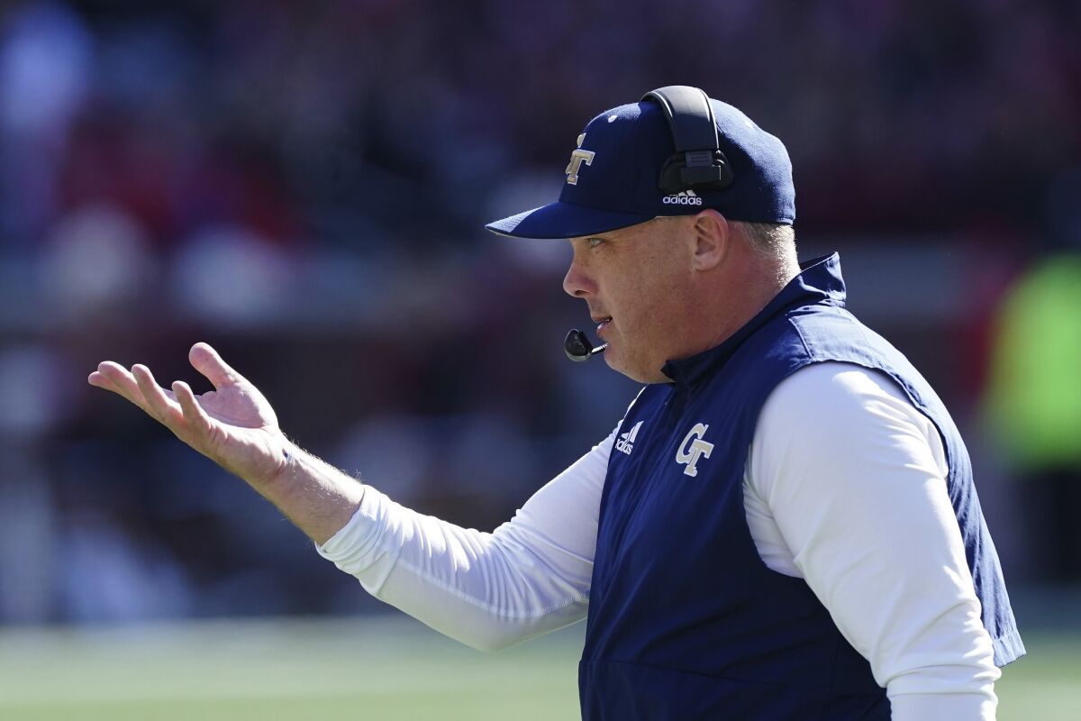 FILE - Georgia Tech head coach Geoff Collins is shown in the second half of an NCAA college football game against Georgia Saturday, Nov. 27, 2021, in Atlanta. When Collins arrived at Georgia Tech, he confidently pitched the idea of transforming the Yellow Jackets into a powerhouse program. Instead, they've gone in reverse. (AP Photo/John Bazemore, File)