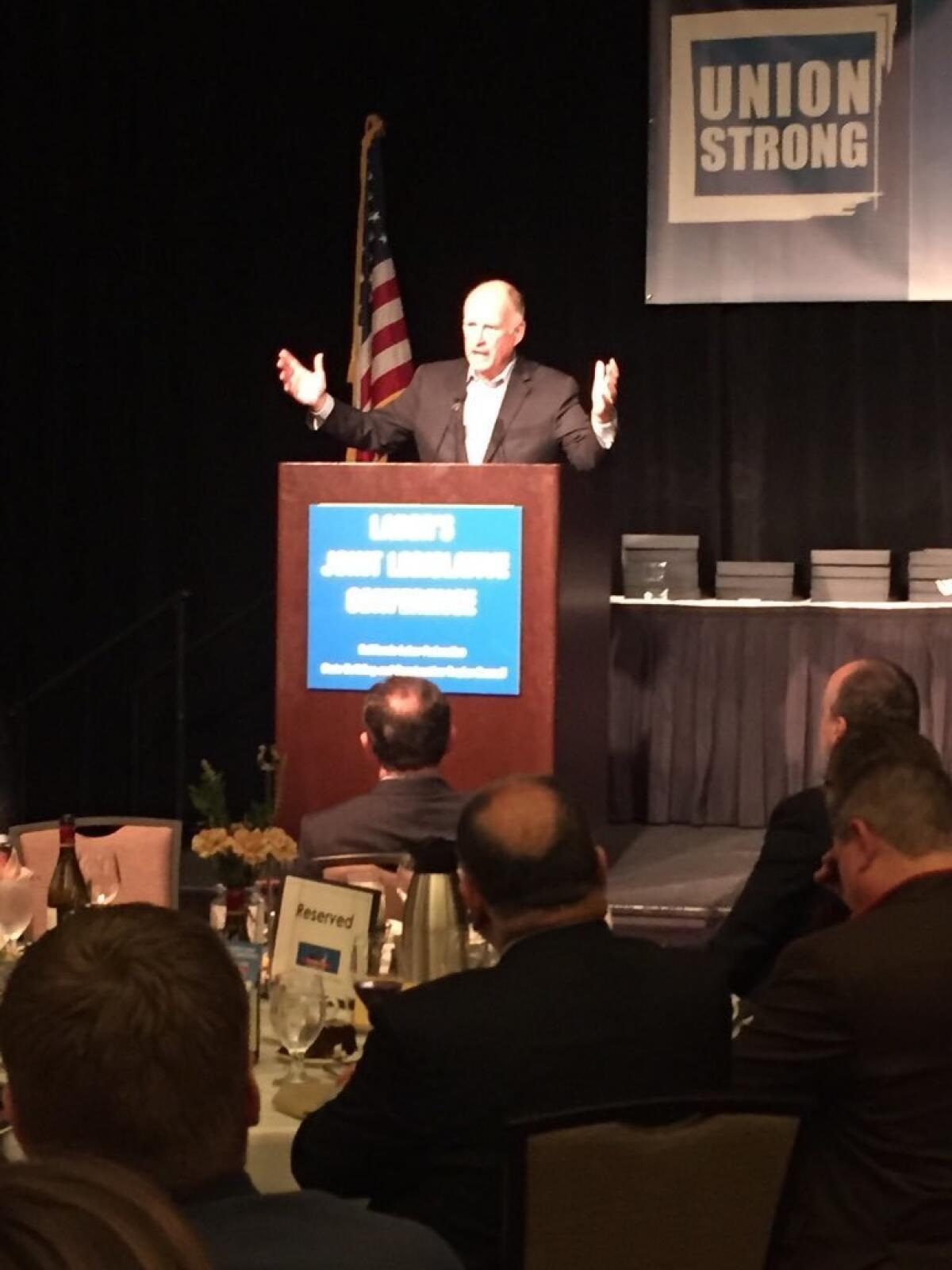 Gov. Jerry Brown speaks to labor leaders in Sacramento in March 2018.