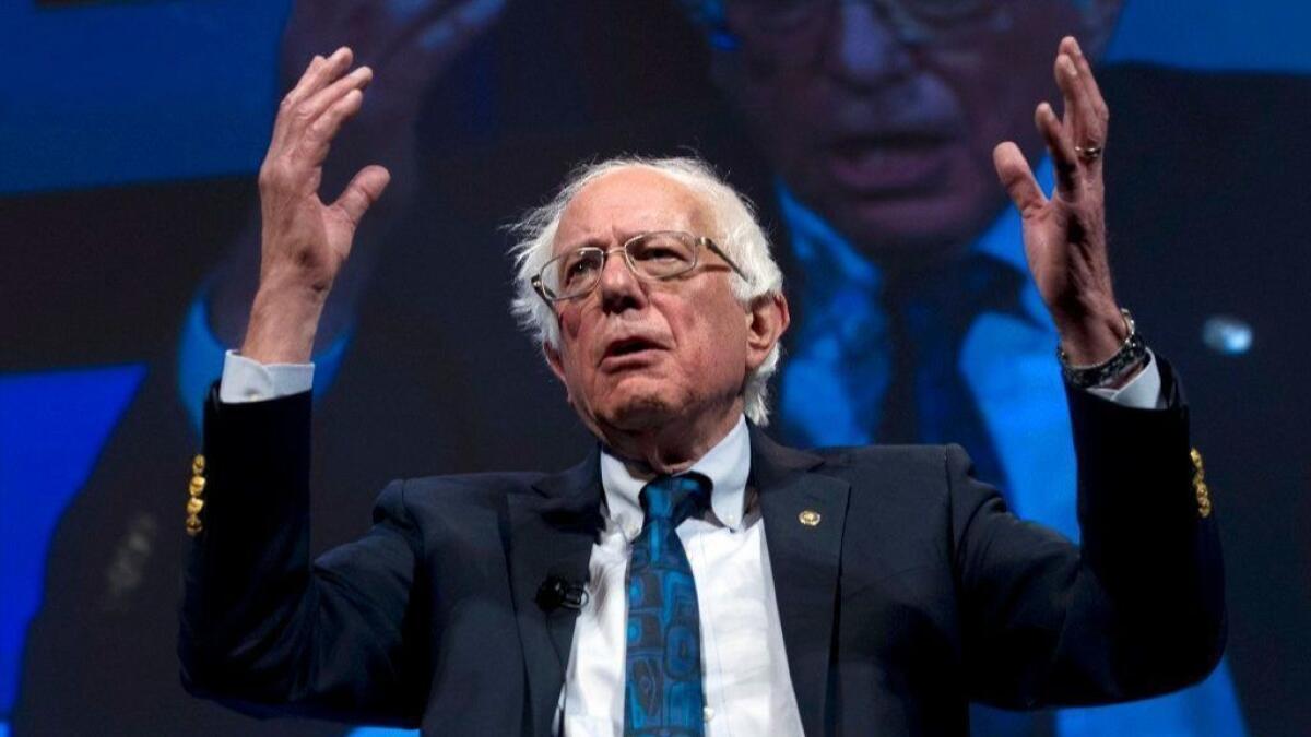 Presidential candidate Sen. Bernie Sanders (I-Vt.) speaks during the We the People Membership Summit in Washington on Monday.