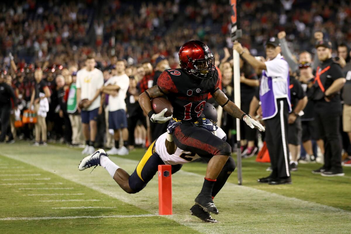 San Diego State running back Donnel Pumphrey (19) runs past California defender Darius Allensworth (2) for a touchdown during the fourth quarter.