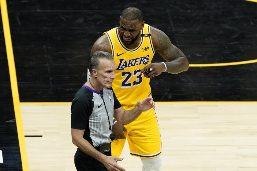 Lakers forward LeBron James argues a call during the second half of Game 5 on June 1, 2021, in Phoenix.