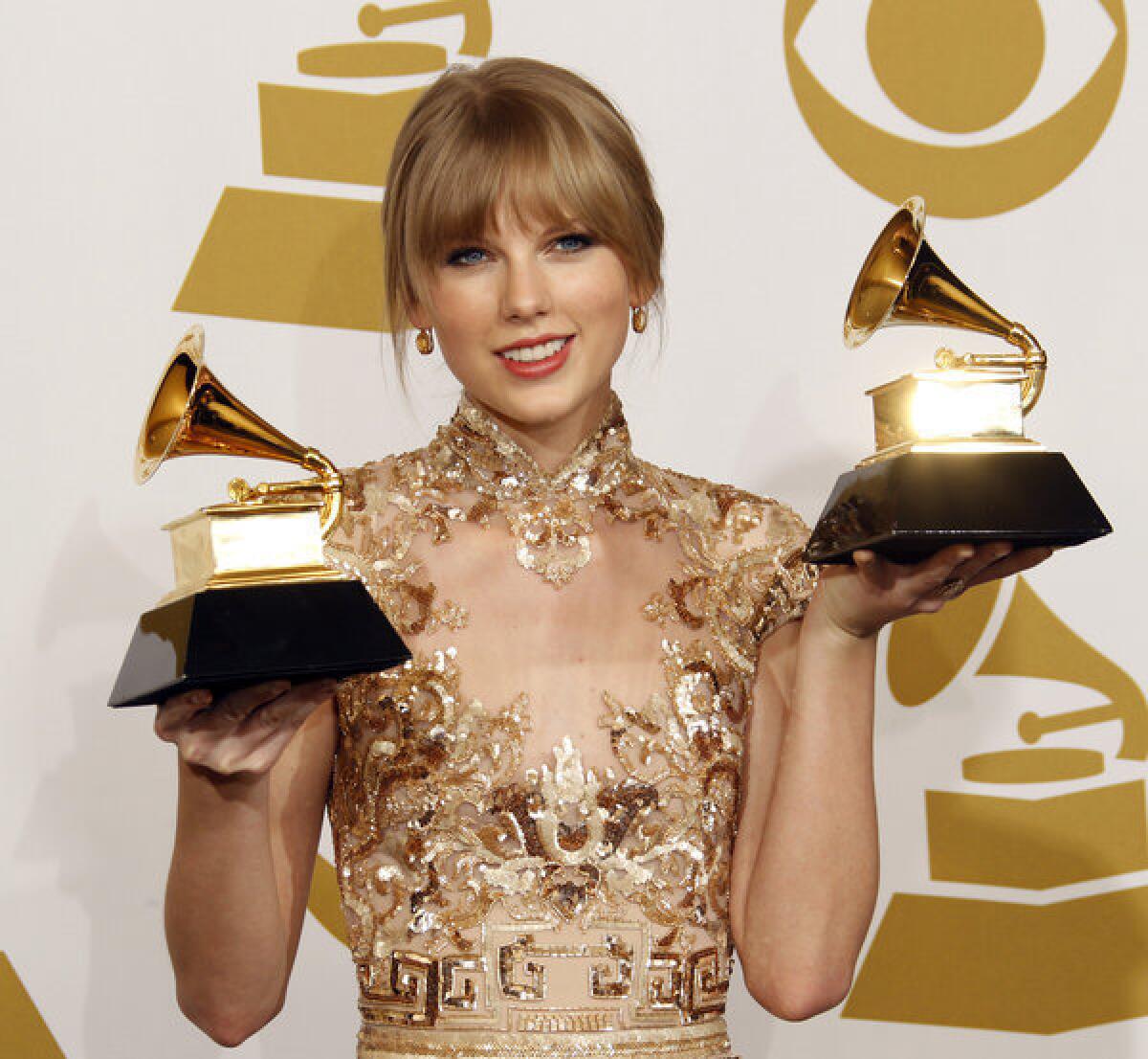 Taylor Swift at the 2012 Grammy Awards, where she won for best country solo performance and best country song.