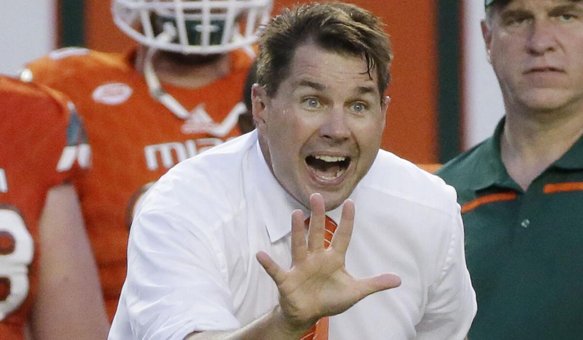 Miami Coach Al Golden calls out to his players Saturday during an overtime victory over Nebraska.