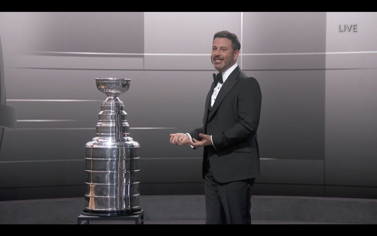 Emmy Awards host Jimmy Kimmel with the Stanley Cup
