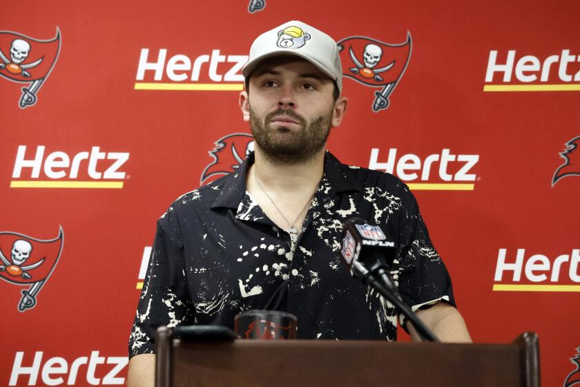 Tampa Bay Buccaneers quarterback Baker Mayfield speaks to media after an NFL football game against the New Orleans Saints, Sunday, Oct. 1, 2023, in New Orleans. (AP Photo/ Butch Dill )