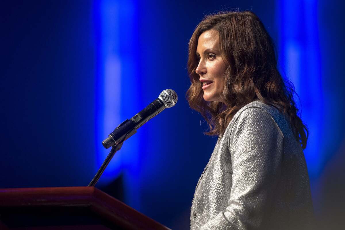 Michigan Gov. Gretchen Whitmer speaks during the Detroit Branch NAACP's 66th Annual Fight For Freedom Fund Dinner at TCF Center in Detroit on Sunday, Oct. 3, 2021. (Nic Antaya/Detroit News via AP)