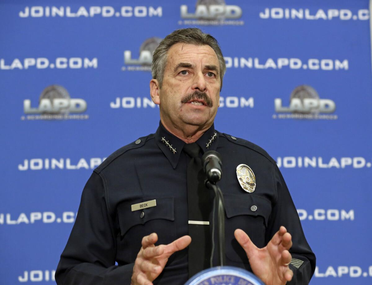 Los Angeles Police Chief Charlie Beck speaks at a news conference at LAPD headquarters.