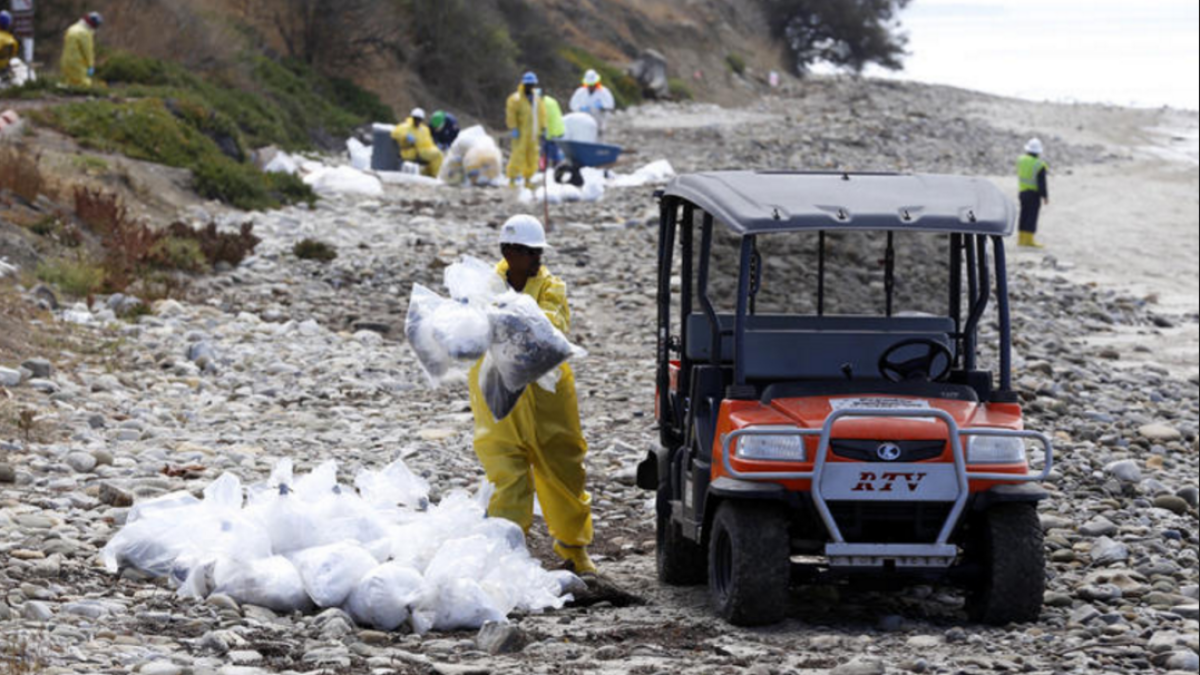 Workers load debris from cleanup efforts at Refugio State Beach on June 4, 2015.