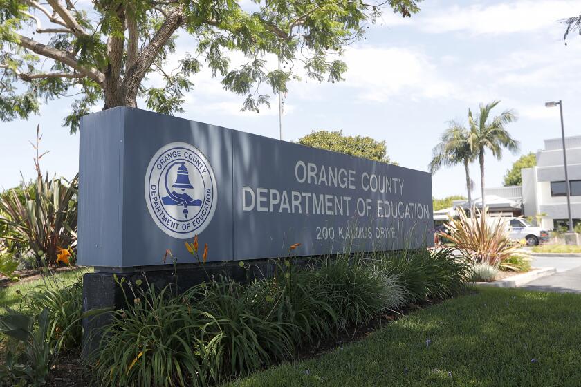 The Orange County Department of Education office in Costa Mesa. The county's Board of Education, is holding a special meeting Monday on Monday to announce its recommendation that schools return in the fall without implementing the use of face masks, social distancing or reduced class sizes.