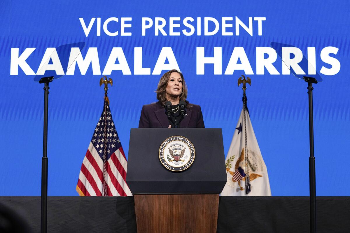 Vice President Kamala Harris speaks onstage.