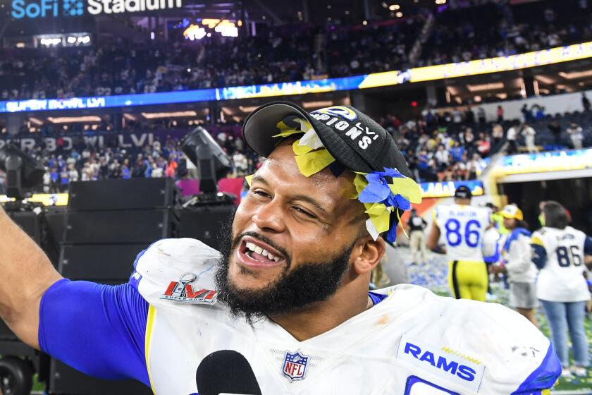 Inglewood, CA - February 08:Los Angeles Rams defensive end Aaron Donald (99) celebrates.