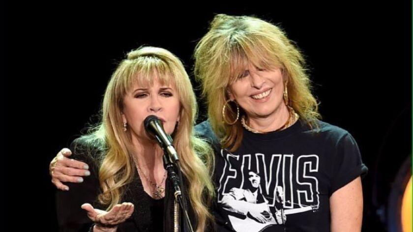 Stevie Nicks (left) and Chrissie Hynde are shown on stage at The Forum on December 18, 2016 in Inglewood, California.