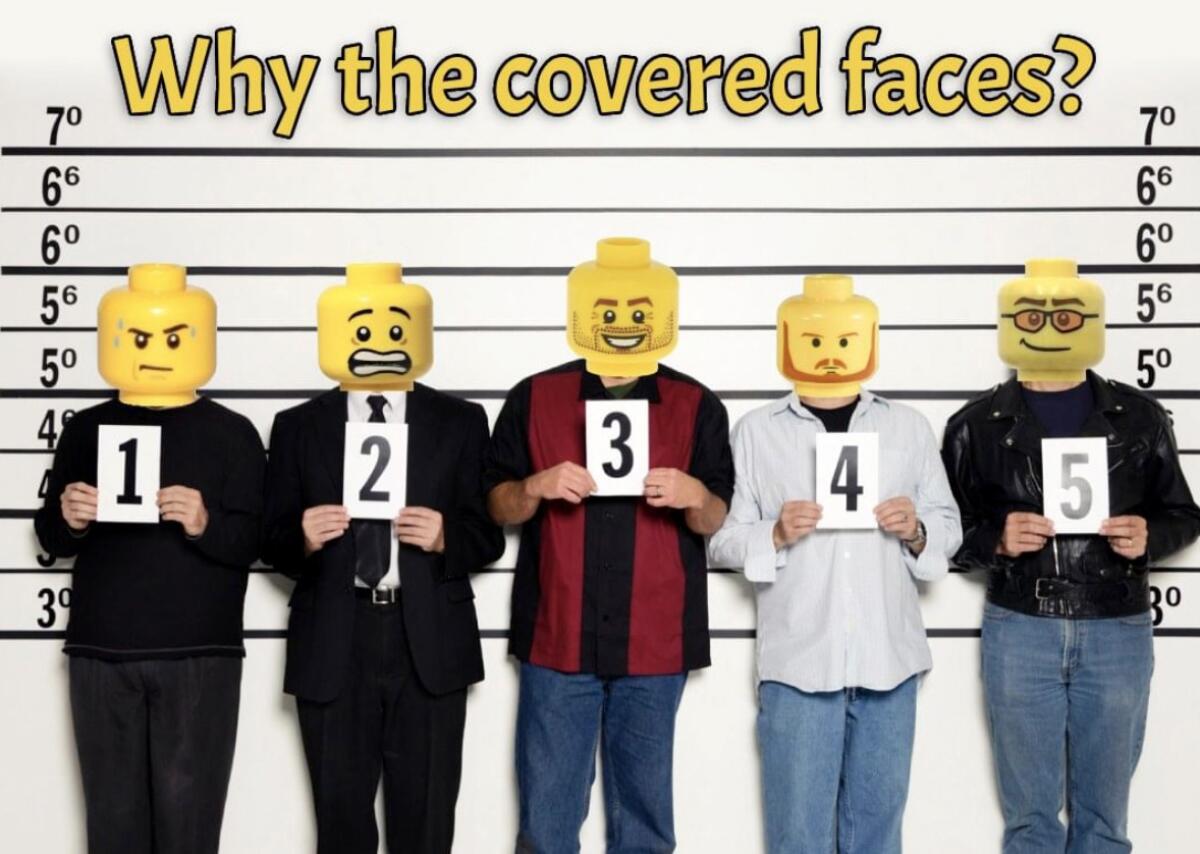 People are shown holding numbers and with apparent Lego heads instead of their real ones.