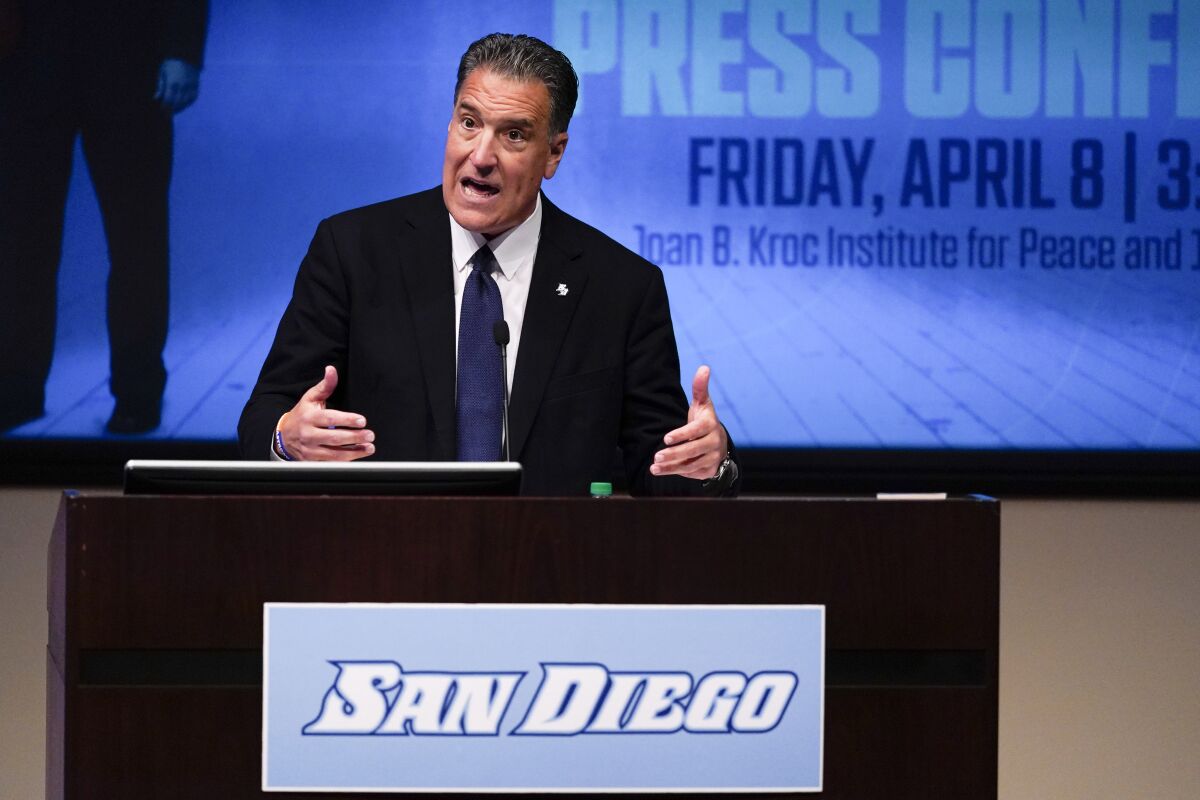 San Diego's new men's basketball coach, Steve Lavin, speaks during a news conference Friday, April 8, 2022, in San Diego. (AP Photo/Gregory Bull)