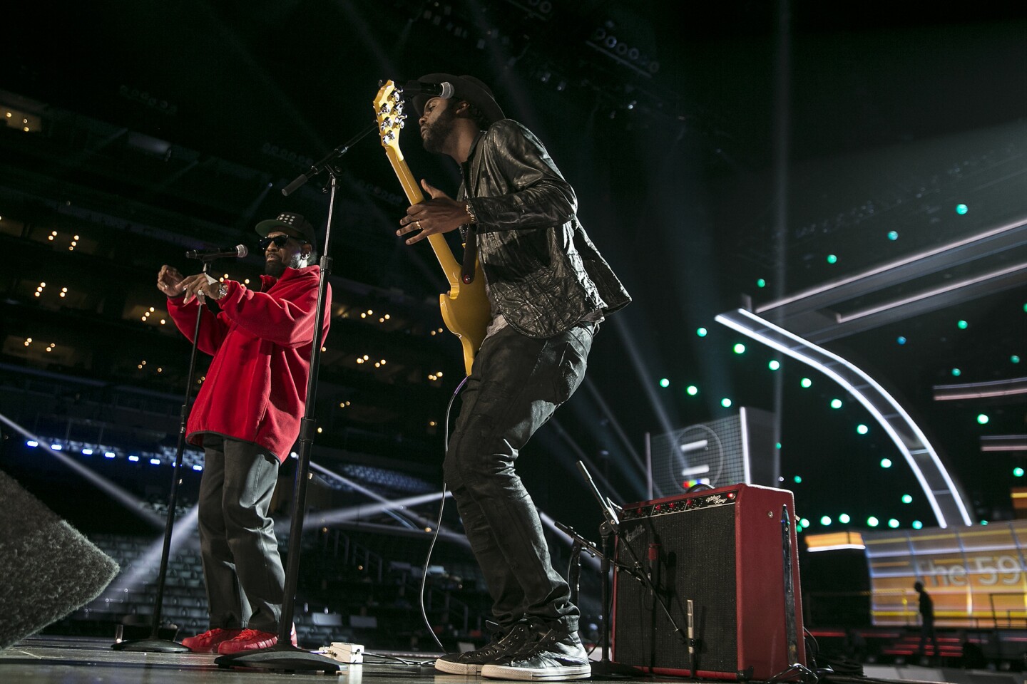 William Bell, left, and Gary Clarke Jr. perform "Born Under a Bad Sign," during rehearsal for the 59th Grammy Awards at Staples Center.