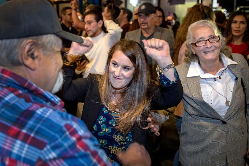 Sun Valley, CA - June 27: Supporters greet and congratulate as LA City Council District 6 special election candidate Imelda Padilla, center, arrives at her election party at Chicuagle in Sun Valley Tuesday, June 27, 2023. (Allen J. Schaben / Los Angeles Times)