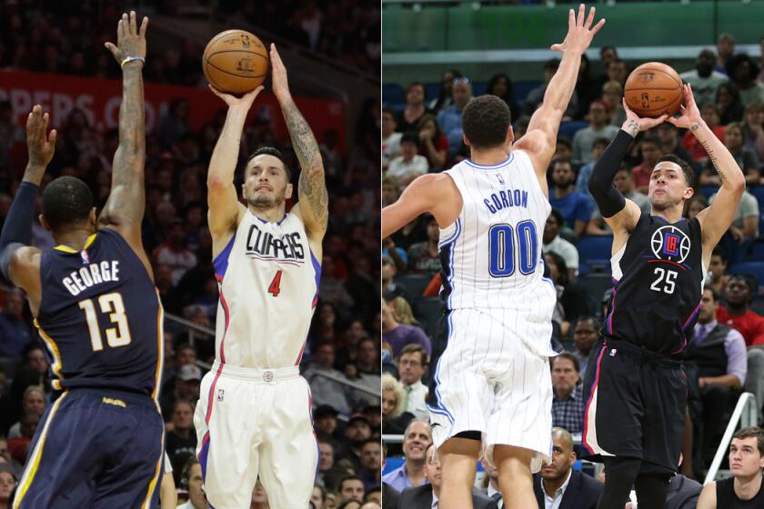 J.J. Redick attempts a three-point shot against Indiana's Paul George, left; Austin Rivers does the same against Orlando's Aaron Gordon