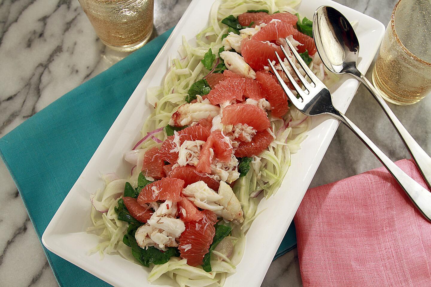 Sweet crab, crisp fennel, peppery watercress and tangy grapefruit. Recipe: TKTK