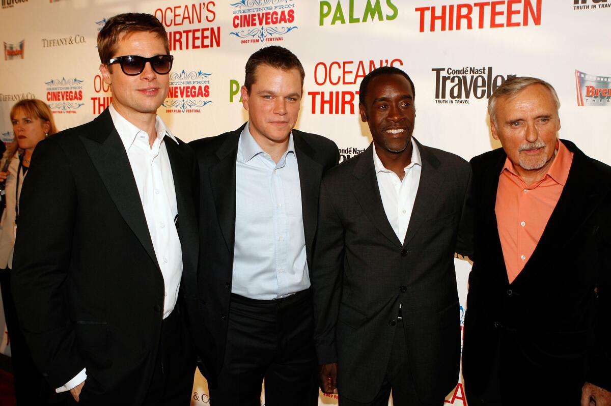 Actors Brad Pitt, Matt Damon, Don Cheadle and Dennis Hopper appear at the CineVegas opening night premiere of "Ocean's Thirteen" on June 6, 2007.